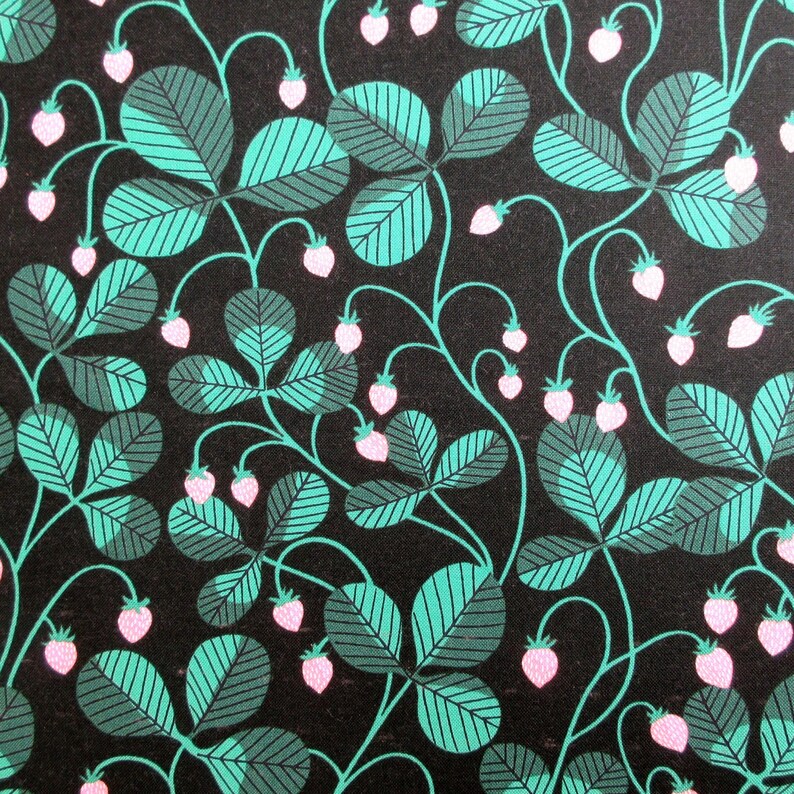 May include: A repeating pattern of stylized strawberries and leaves on a black background. The leaves are teal and dark green with detailed veining, while the strawberries are pink. The design has a vintage, botanical feel.