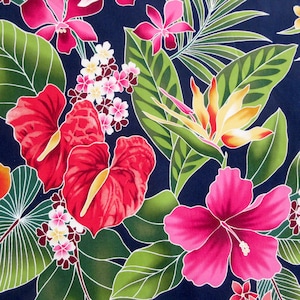 May include: A vibrant tropical print fabric featuring a variety of flowers, including red anthuriums, pink hibiscus, and yellow bird of paradise flowers. The fabric is set against a dark blue background and features green leaves.