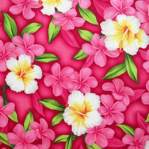 Fabric, Aloha Island Floral in Deep Pink, Tropical Hawaiian, By The Half and Full Yard