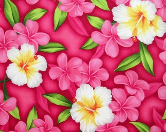 Fabric, Aloha Island Floral in Deep Pink, Tropical Hawaiian, By The Half and Full Yard