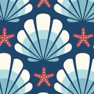 May include: A seamless pattern featuring white seashells with blue and white stripes on a dark blue background. Red starfish with white polka dots are scattered throughout the pattern.