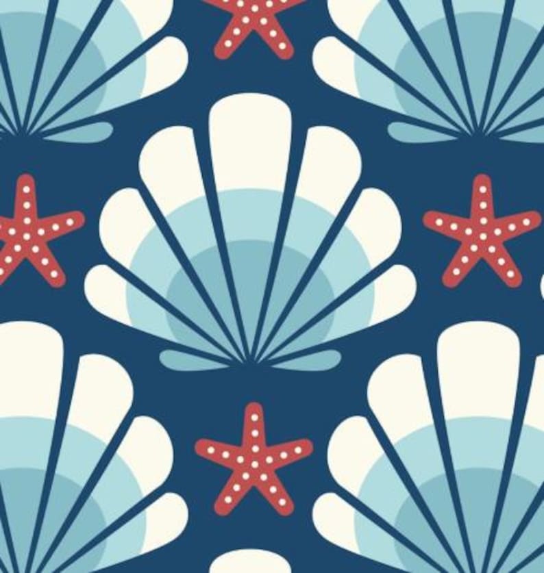 May include: A seamless pattern featuring white seashells with blue and white stripes on a dark blue background. Red starfish with white polka dots are scattered throughout the pattern.