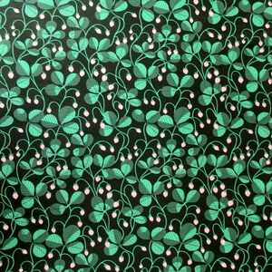 May include: A repeating pattern of green leaves and pink berries on a black background. The leaves have a detailed, layered design, and the berries are small and round. The overall design is reminiscent of a botanical illustration.