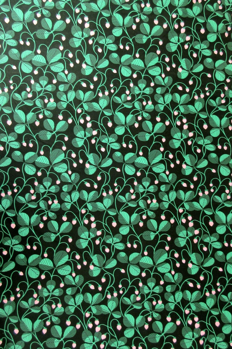 May include: A repeating pattern of green leaves and pink berries on a black background. The leaves have a detailed, layered design, and the berries are small and round. The overall design is reminiscent of a botanical illustration.