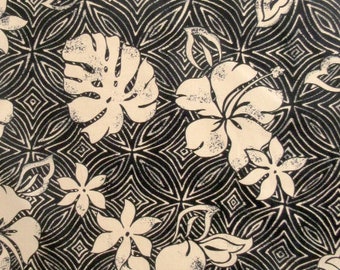 Hawaii Fabric, Windward Hibiscus Tapa in Khaki and Black, By the Half or Full Yard