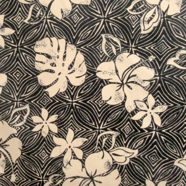 Hawaii Fabric, Windward Hibiscus Tapa in Khaki and Black, By the Half or Full Yard