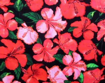 Hibiscus Fabric, Tropical Paradise by Windham Fabrics, Pink Hibiscus on Black, By the Half or Full Yard