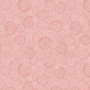 May include: A repeating pattern of white, spiral-like shapes on a soft, dusty rose background. The design has a textured, slightly distressed appearance, creating a vintage or handmade aesthetic. The overall effect is delicate and visually appealing.