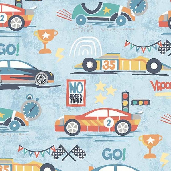 Race Car Fabric, High Speed on Blue, Vroom by Michael Miller, By the Half Yard or Full Yards