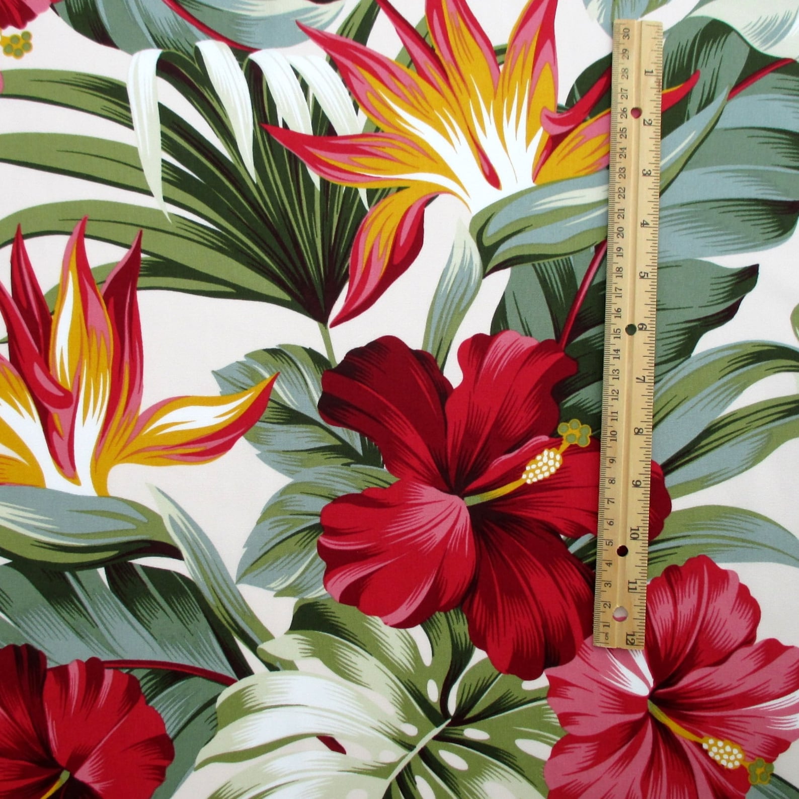 Fabric Red Hibiscus Floral on Cream Tropical Hawaii Bird of Etsy
