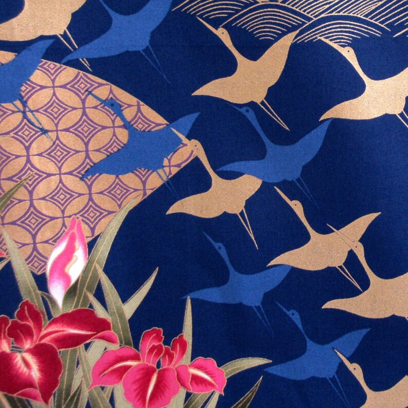 Fabric, Flying Cranes with Asian Fans, Iris Flowers on Navy, Gold Metallics, By the Yard image 4