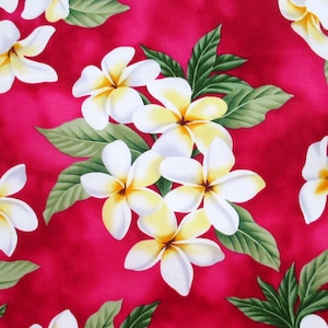 Fabric, White Plumeria Bouquet on Deep Pink, Tropical Hawaiian, By the Half or Full Yard