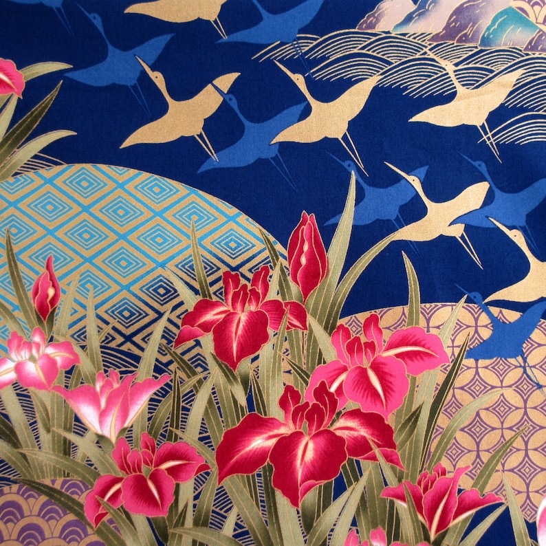 Fabric, Flying Cranes with Asian Fans, Iris Flowers on Navy, Gold Metallics, By the Yard image 2