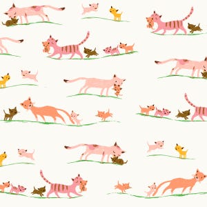 Cat Fabric, Mother Cats on Cream, Studio Edit by Heather Ross, By the Half or Full Yard