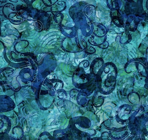 Octopus Fabric, Aquatica Octopus in Teal by QT Fabrics, By the Half o…