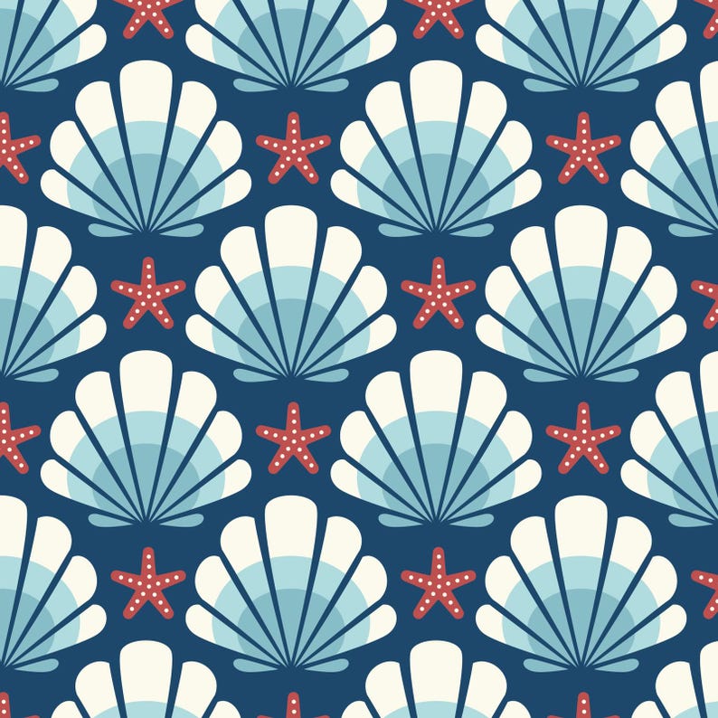 May include: A seamless pattern featuring white and blue seashells with red starfish on a dark blue background.