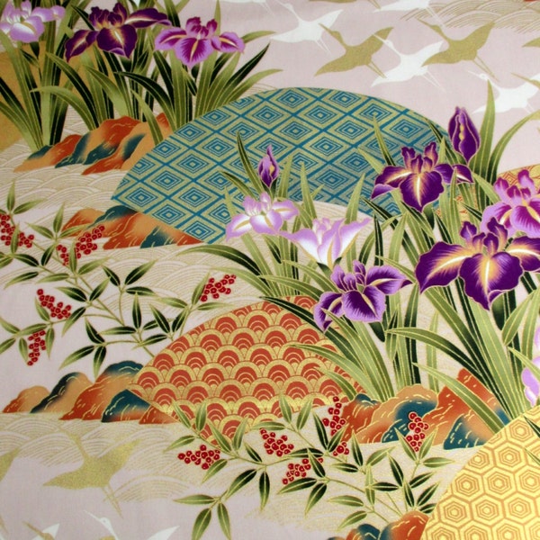 Fabric, Flying Cranes with Asian Fans on Natural Lilac, Iris Flowers, By the Yard