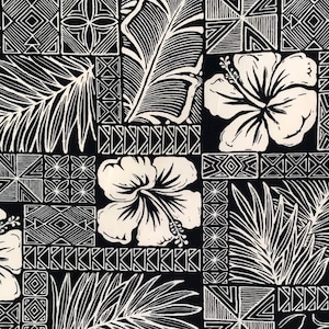 May include: Black and white tropical pattern featuring stylized hibiscus flowers, palm leaves, and geometric shapes. The design is arranged in a repeating block pattern, creating a bold and graphic aesthetic. The contrast between the black background and white elements is striking.