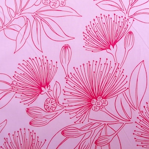May include: A repeating pattern of pink flowers and leaves on a light pink background. The flowers have a spiky, radial design, and the leaves are simple outlines. The design is a delicate, floral pattern.