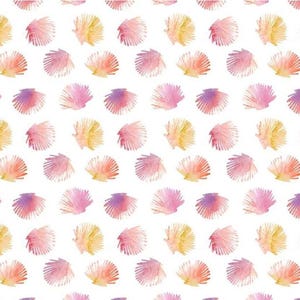 May include: A repeating pattern on a white background featuring watercolor-style seashells in shades of pink, orange, and purple. The shells are arranged in a grid-like formation, each displaying delicate brushstroke textures and soft color gradients.