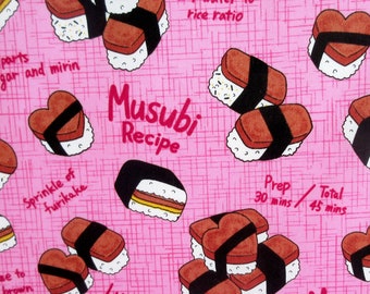 Fabric, Spam Musubi on Pink, Hawaiian Snacks, By the Half or Full Yard