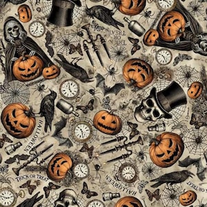 May include: A fabric pattern featuring a repeating Halloween theme with orange jack-o'-lanterns, skulls wearing top hats, black crows, spiders, spiderwebs, vintage clocks, and candelabras on a beige background with the text Trick or Treat.