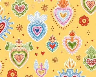Heart Fabric, Folk Charms on Yellow, Fiesta by Michael Miller, By the Half or Full Yard