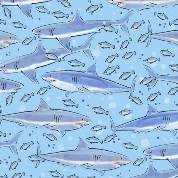 Shark Fabric, Ocean Blue by Timeless Treasures, By the Half or Full Yard