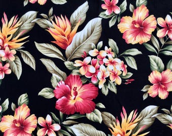 Tropical Fabric, Hibiscus Sunset Glow on Black, Cotton Poplin, By the Half or Full Yard