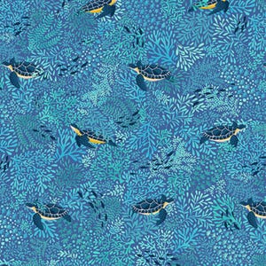 May include: A repeating pattern featuring sea turtles swimming among coral and seaweed. The turtles have dark blue shells with yellow accents. The background is a mix of blue and teal hues, creating an underwater scene.