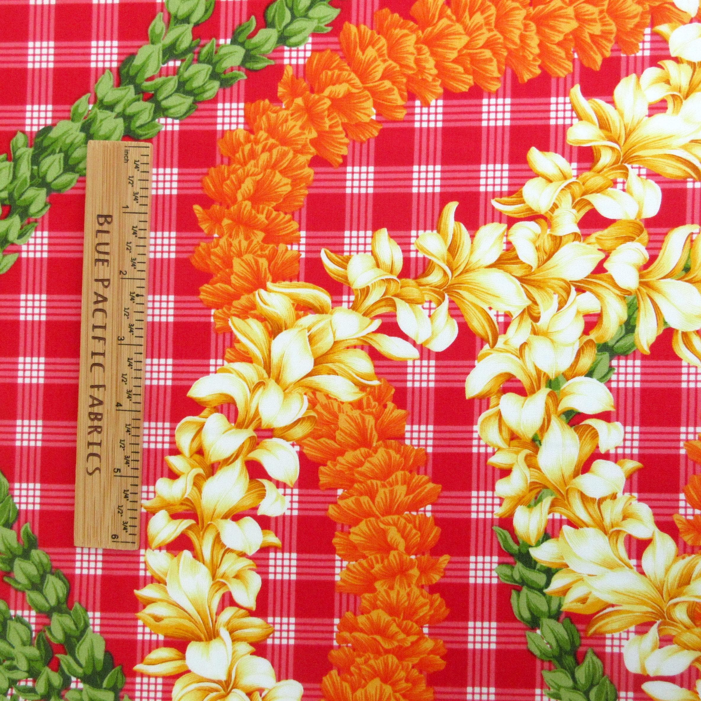 Hawaii Fabric, Island Palaka Leis on Red, by the Half or Full Yard