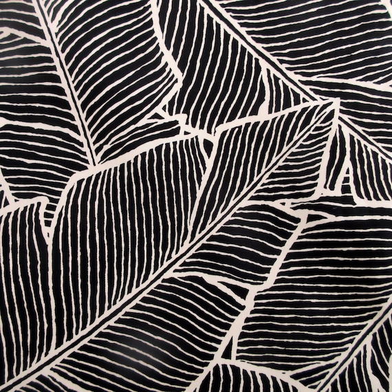 Fabric, COTTON TWILL Big Woodcut Leaves in Black, Large Scale Tropical Hawaii, Last One Yard