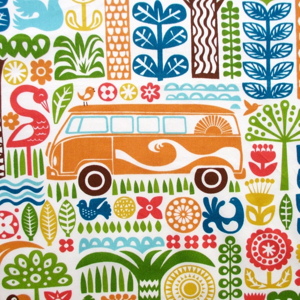 Fabric, Ipanema, Retro VW Bus Orange, Beach Palm Trees, Birch Fabrics Organic Cotton, By the Yard