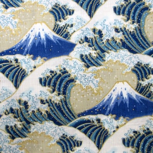 Ocean Wave Fabric, COTTON DOBBY, Tsunami Wave with Mount Fuji on Gold, Japanese Import, By the Half or Full Yard