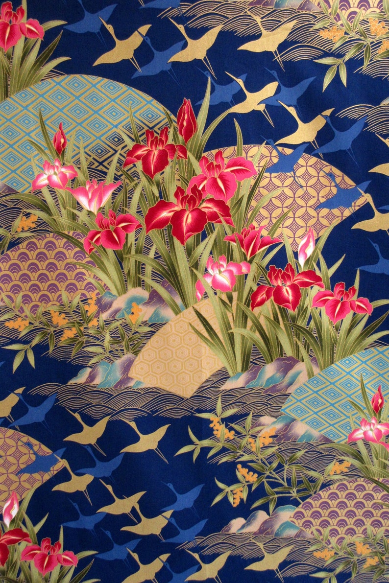 Fabric, Flying Cranes with Asian Fans, Iris Flowers on Navy, Gold Metallics, By the Yard image 1