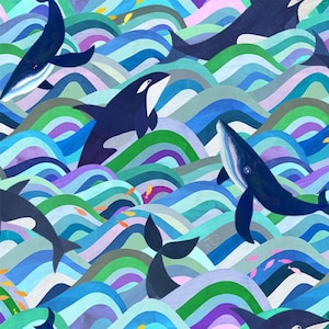 May include: A vibrant, colorful illustration featuring whales and waves. The artwork depicts various whales, including orcas and humpbacks, swimming amidst stylized, layered waves in shades of blue, green, and purple. Small yellow and pink fish are scattered throughout the scene.