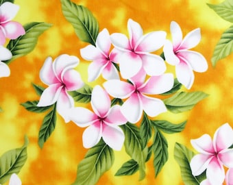 Fabric, White Plumeria Bouquet on Yellow, Tropical Hawaiian, By the Half or Full Yard