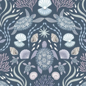 Sea Turtle Fabric, Sea Turtle Family on Dark Blue with Pearl, Ocean Pearls by Lewis and Irene, By the Half or Full Yard immagine 2