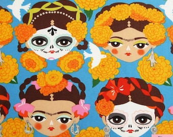 Frida Fabric, Recuerdame Remember Me in Blue by Alexander Henry, By the Half or Full Yard
