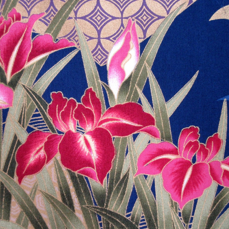 Fabric, Flying Cranes with Asian Fans, Iris Flowers on Navy, Gold Metallics, By the Yard image 5
