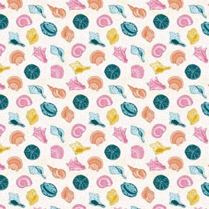May include: A repeating pattern of various seashells and sea urchins in shades of pink, yellow, teal, and peach on a cream-colored background. The design features detailed illustrations of different shell shapes and sizes, creating a coastal theme.