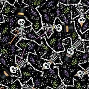 May include: A black fabric featuring a repeating pattern of white skeletons in various poses. Some skeletons wear top hats and hold canes. Green, purple, and yellow confetti and musical notes are scattered across the design.