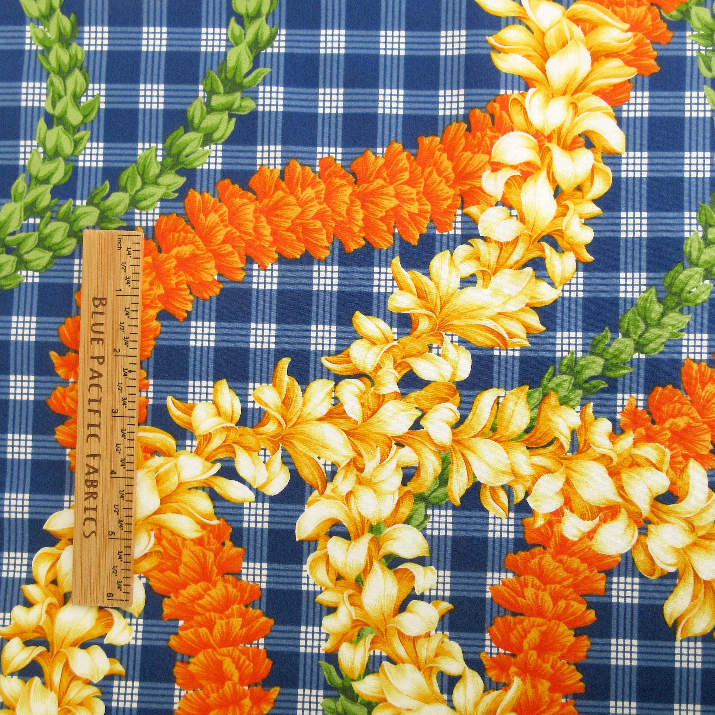 Hawaii Fabric, Island Palaka Leis on Royal Blue, by the Half or