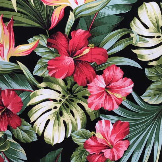 Fabric Red Hibiscus Garden on Black Tropical Hawaii by the - Etsy