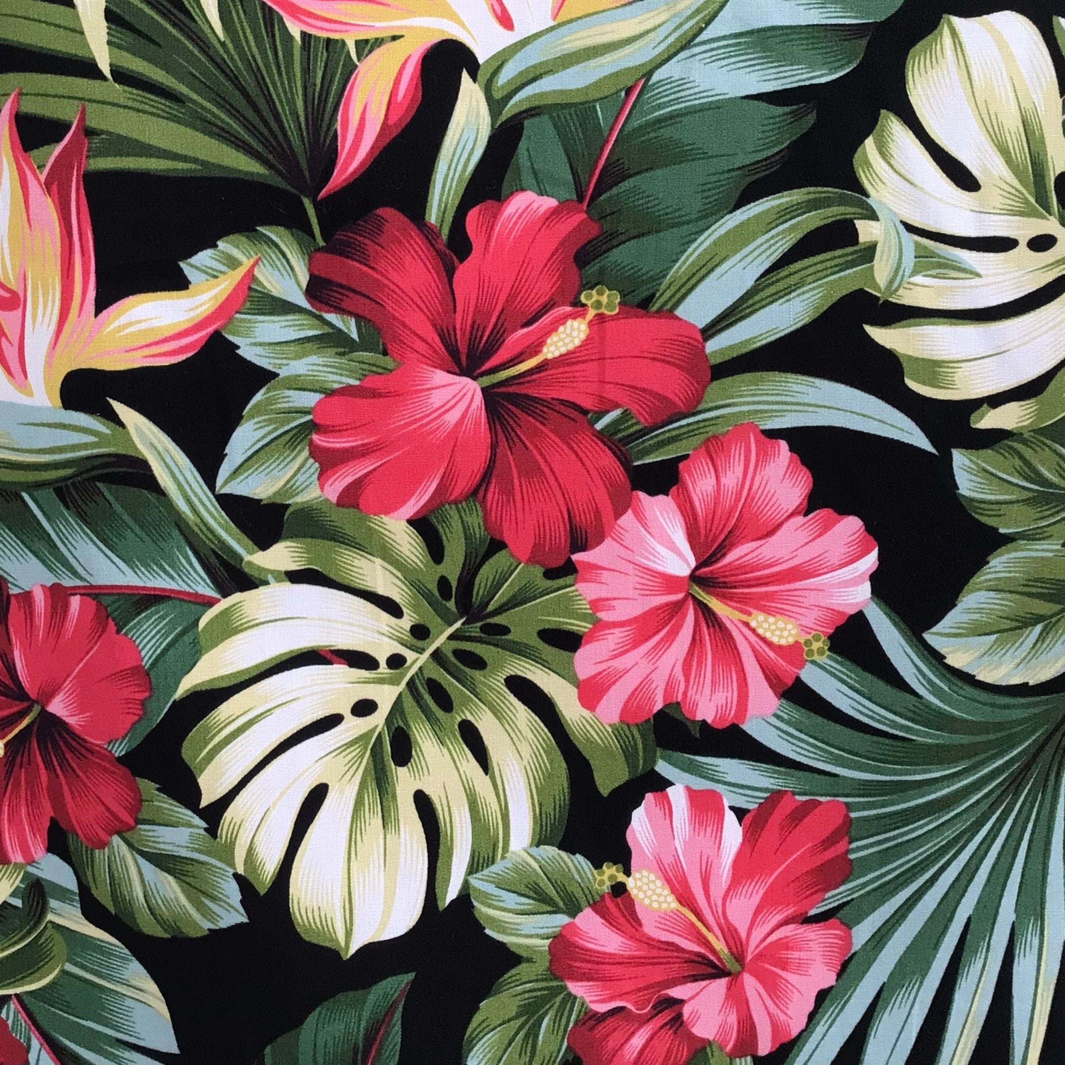 Fabric, Red Hibiscus Garden on Black, Tropical Hawaii, By the Half or…