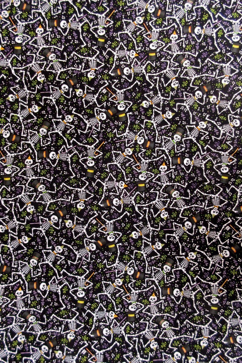 May include: A black background is covered with a repeating pattern of white skeletons in various poses. The skeletons wear top hats and hold drumsticks. Green and purple musical notes and confetti are scattered throughout the design.