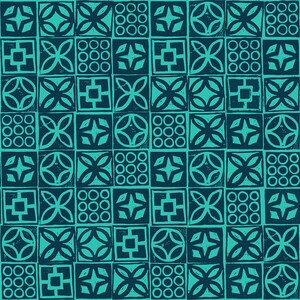 May include: A repeating pattern of teal and navy blue geometric shapes. The design features squares with various internal motifs, including circles, crosses, and floral-like elements, creating a symmetrical and visually engaging pattern.