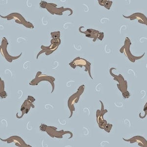 May include: A seamless pattern featuring brown otters swimming in a light blue background. The otters are in various positions, some swimming on their backs, some swimming on their bellies, and some swimming with their heads above water. The pattern is perfect for fabric, wallpaper, or wrapping paper.
