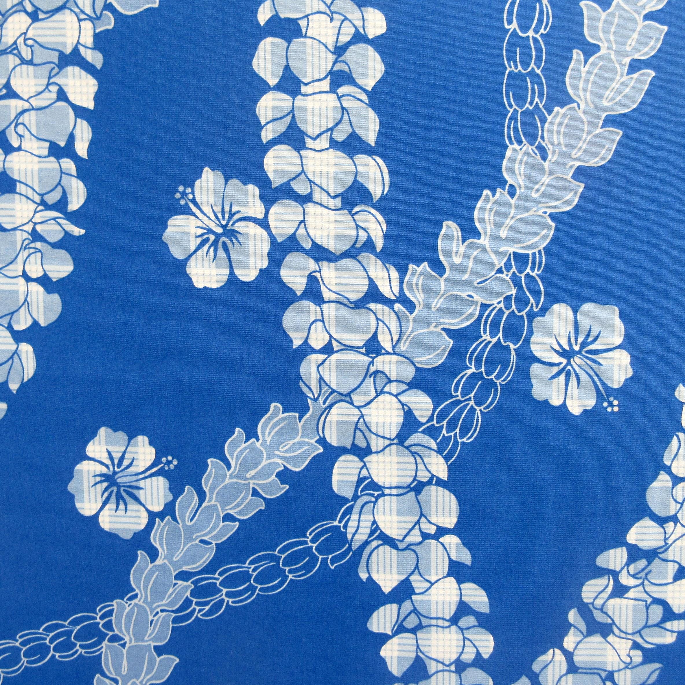 Hawaii Fabric, Paradise Palaka Leis on Blue, by the Half or Full