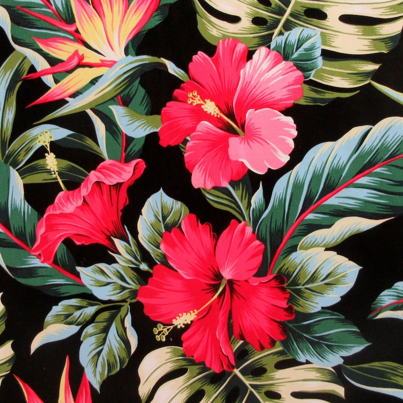 Puede incluir: Un fondo negro con un estampado tropical con flores de hibisco rojas y hojas verdes.